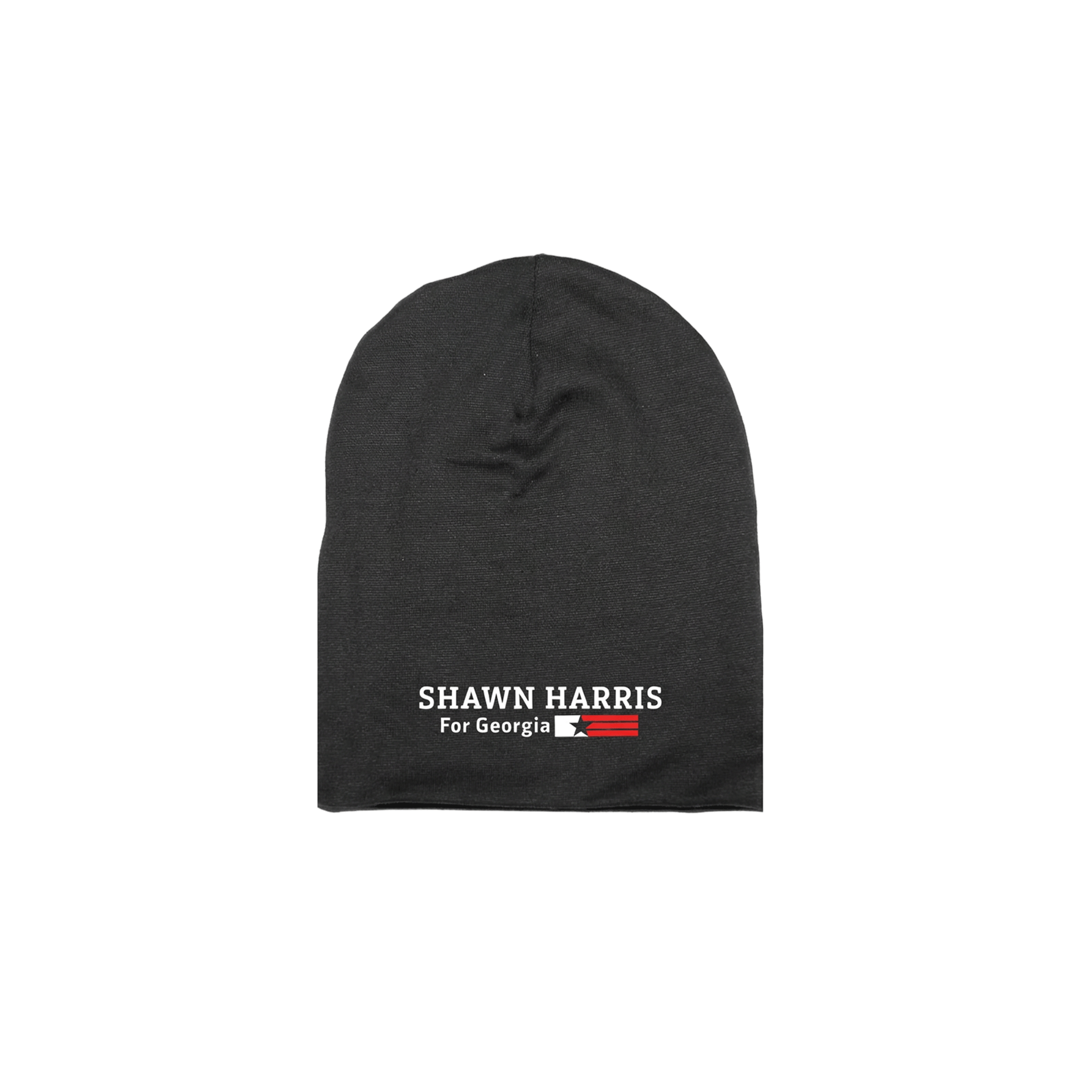 Black knit beanie with white and red "Shawn Harris For Georgia" text logo.