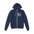 Navy blue zip hoodie with white drawstrings and front pockets, small white and red logo on left chest.