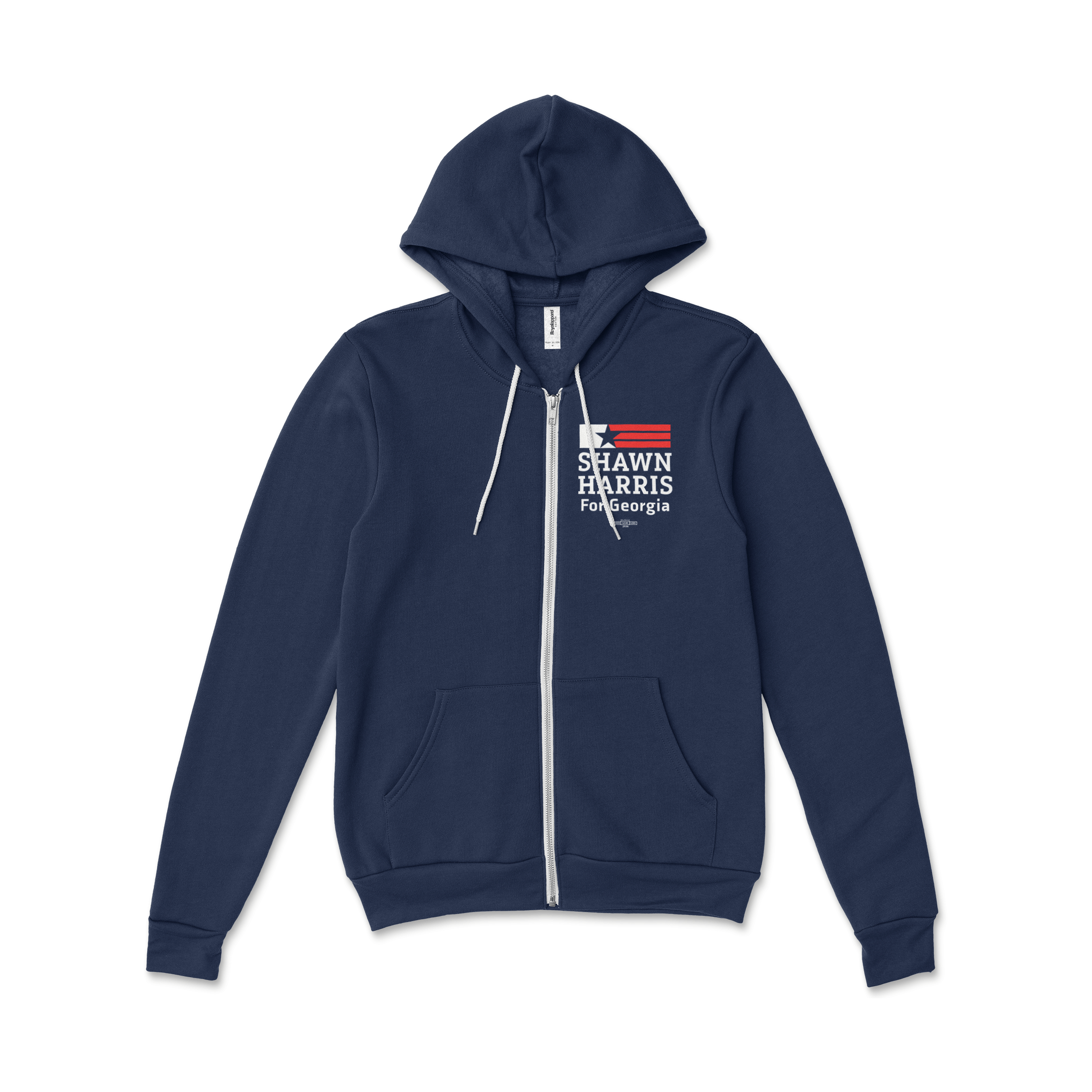 Navy blue zip hoodie with white drawstrings and front pockets, small white and red logo on left chest.