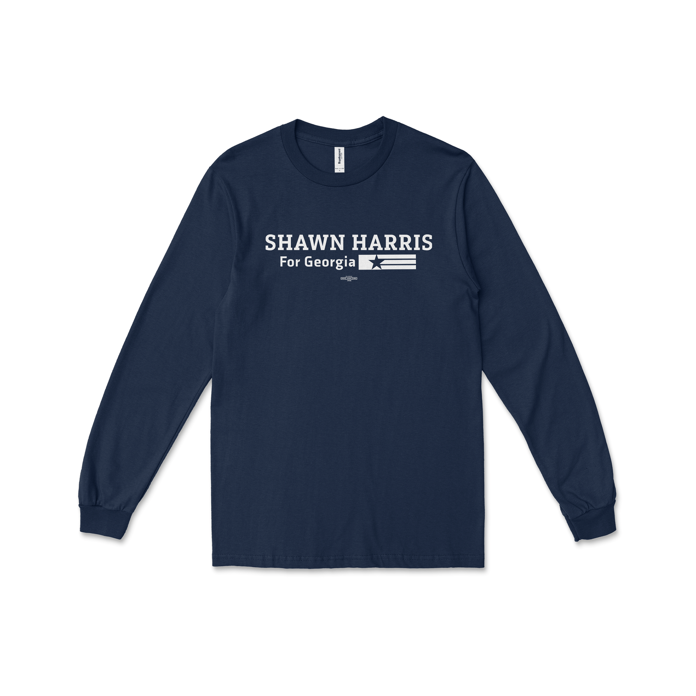 Navy long sleeve tee with white "SHAWN HARRIS For Georgia" text and flag graphic on front.