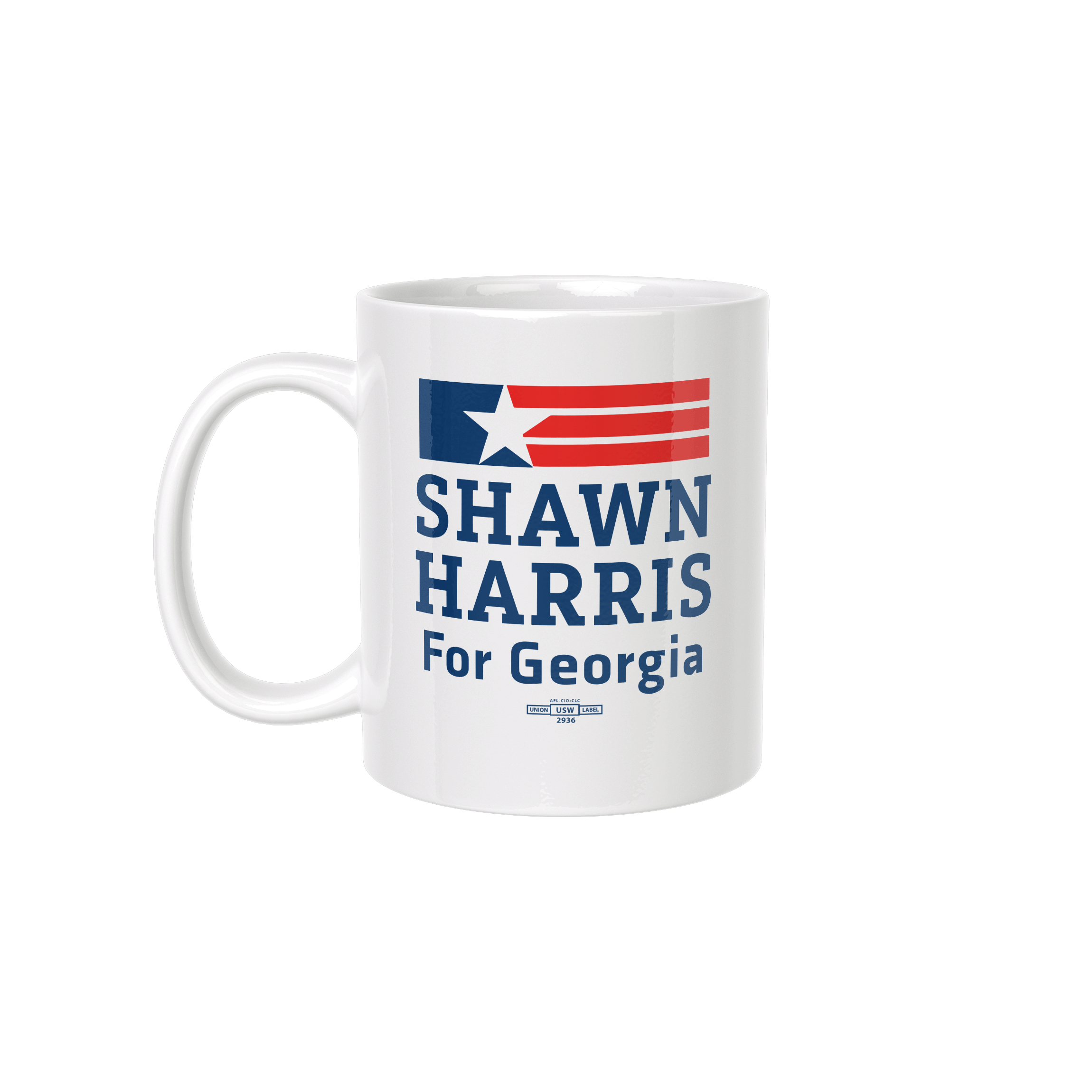 White ceramic mug with Georgia flag and "Shawn Harris For Georgia" text in blue and red.