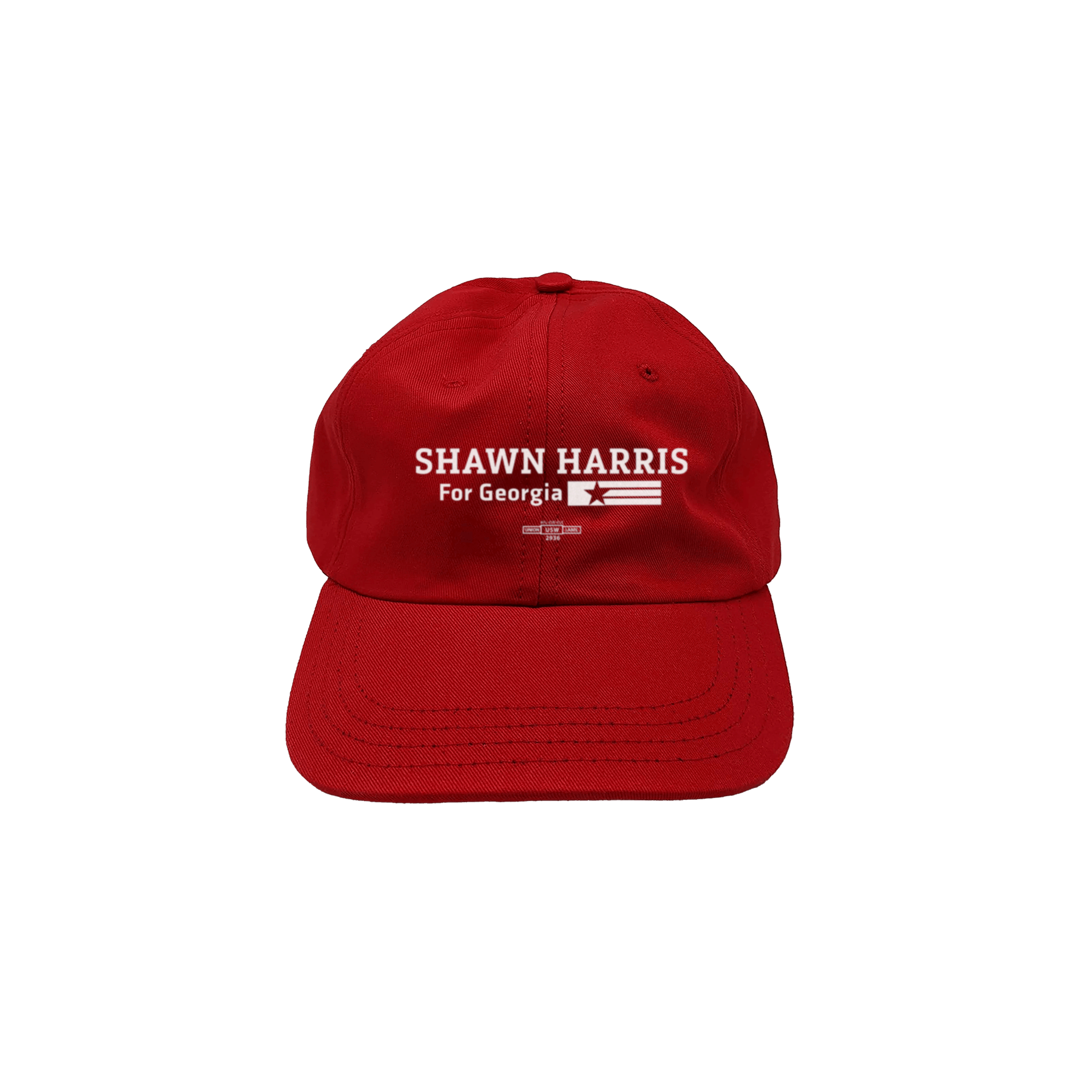 Red dad hat with "Shawn Harris For Georgia" text and small U.S. flag embroidery on front.