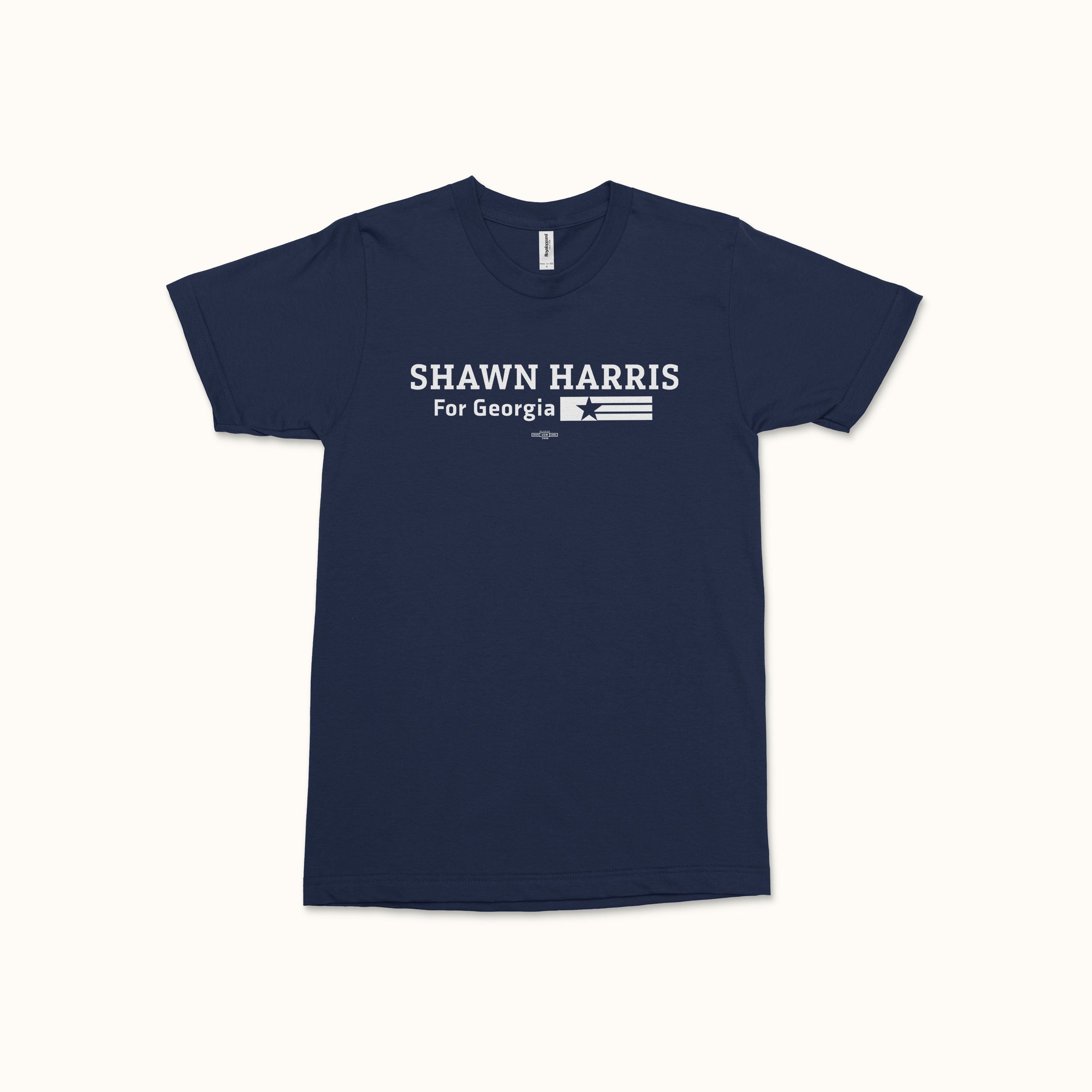 Navy blue short-sleeve T-shirt with white "SHAWN HARRIS For Georgia" text and state outline graphic.