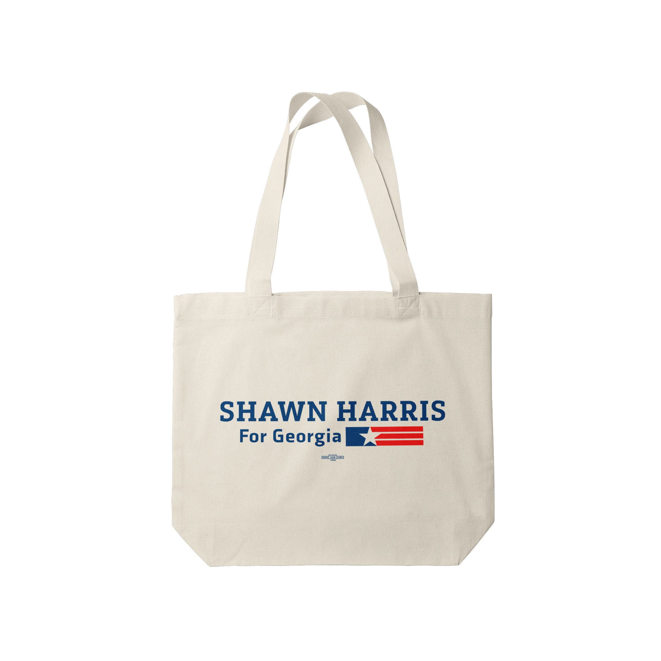 Natural canvas tote bag with navy text and a small red and blue flag design.